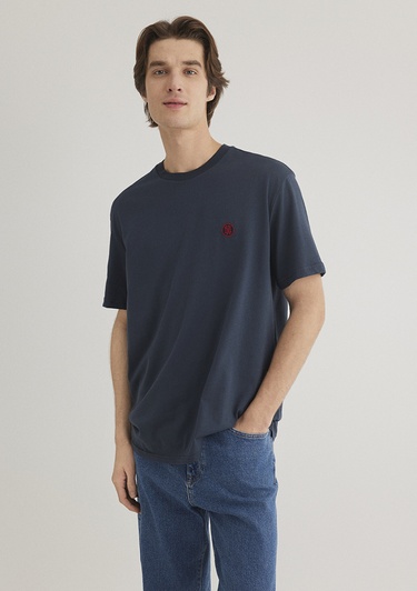  Mavi 2li Mavi Mühür Logo Nakışlı Erkek Tişört Loose Fit / Bol Rahat Kesim 0612545-620