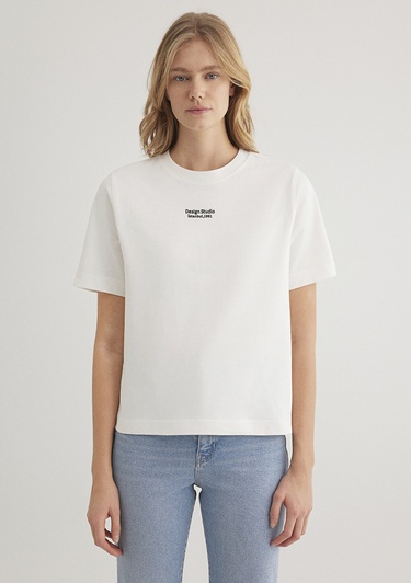  Mavi Baskılı Beyaz Tişört Regular Fit / Normal Kesim 1612911-70057