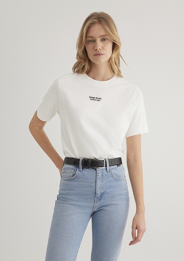  Mavi Baskılı Beyaz Tişört Regular Fit / Normal Kesim 1612911-70057