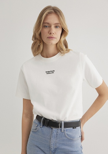  Mavi Baskılı Beyaz Tişört Regular Fit / Normal Kesim 1612911-70057