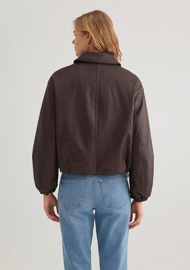  Mavi Kahverengi Suni Deri Ceket Oversize / Geniş Kesim 1110614-88083