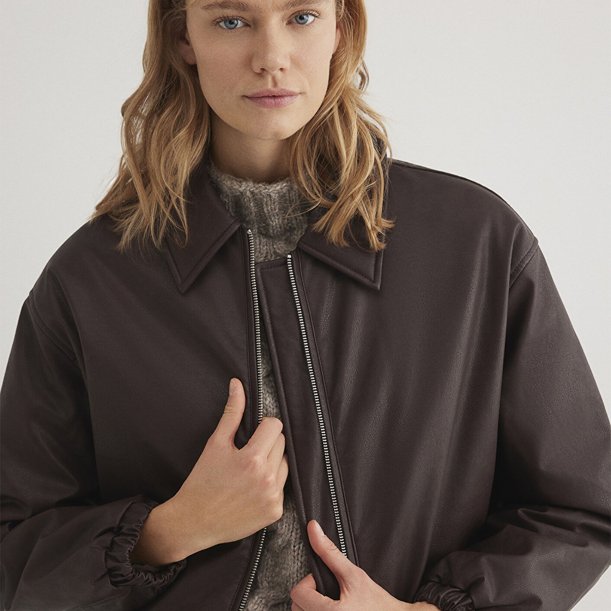 Mavi Kahverengi Suni Deri Ceket Oversize / Geniş Kesim 1110614-88083