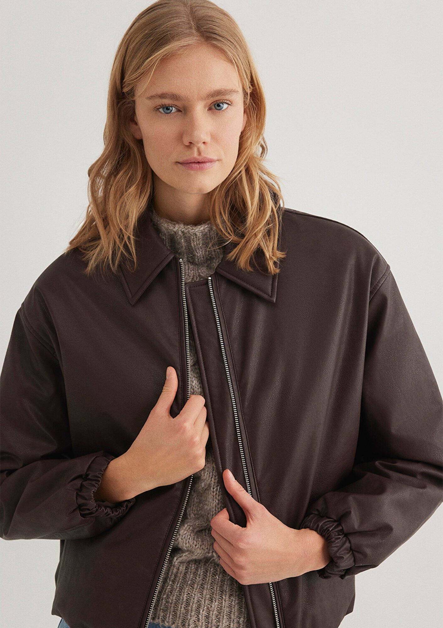  Mavi Kahverengi Suni Deri Ceket Oversize / Geniş Kesim 1110614-88083