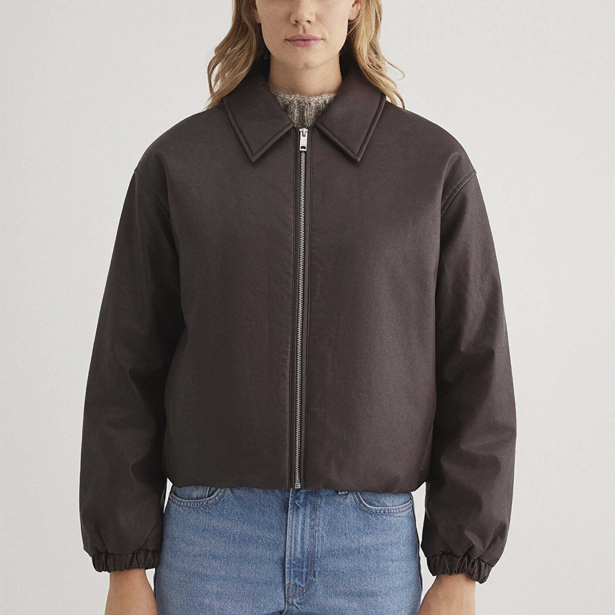 Mavi Kahverengi Suni Deri Ceket Oversize / Geniş Kesim 1110614-88083