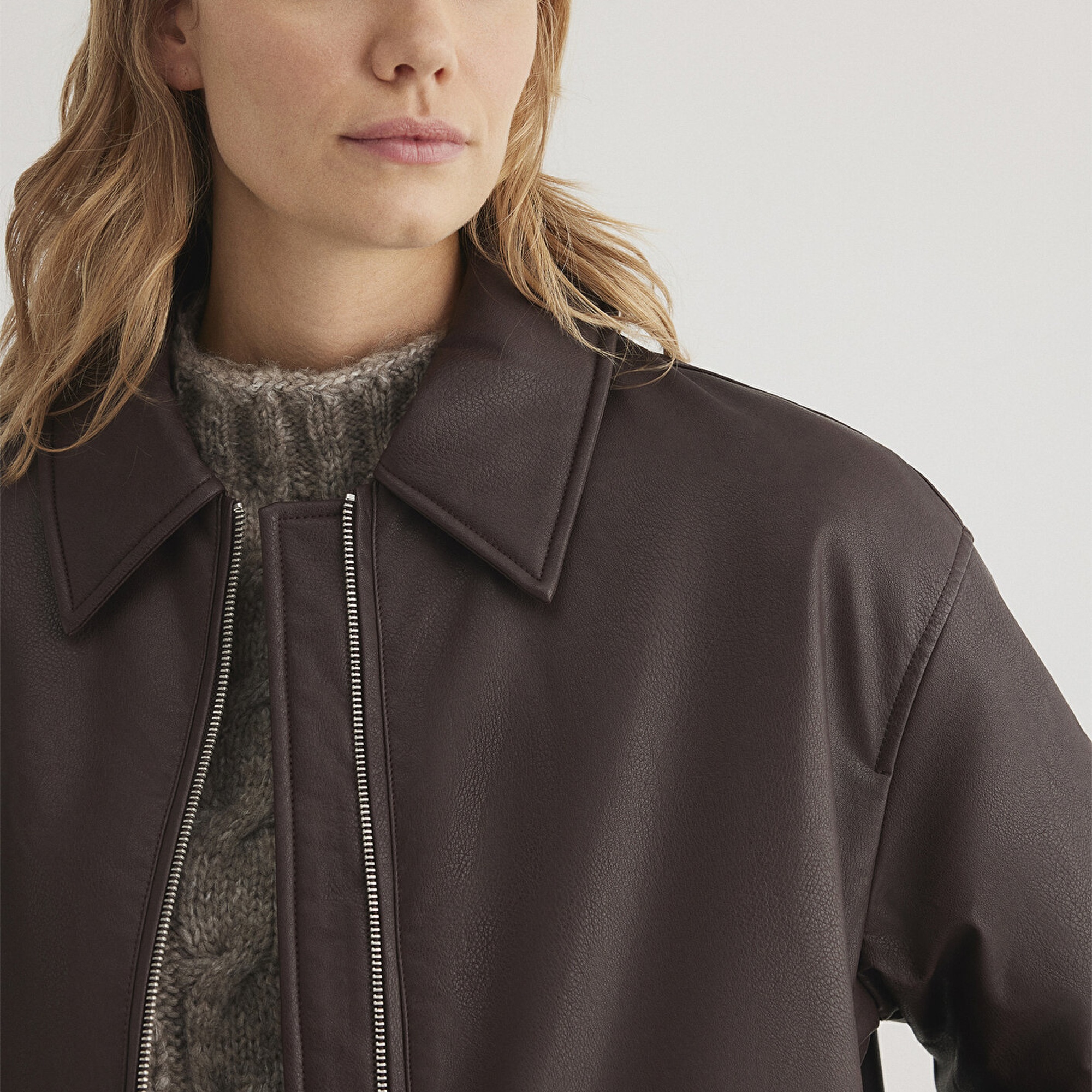 Mavi Kahverengi Suni Deri Ceket Oversize / Geniş Kesim 1110614-88083