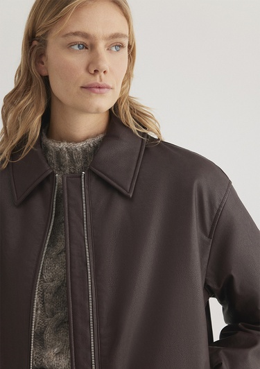  Mavi Kahverengi Suni Deri Ceket Oversize / Geniş Kesim 1110614-88083
