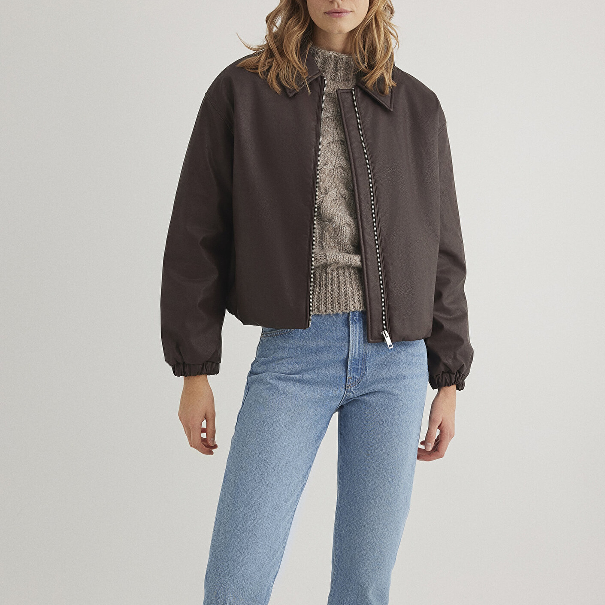 Mavi Kahverengi Suni Deri Ceket Oversize / Geniş Kesim 1110614-88083