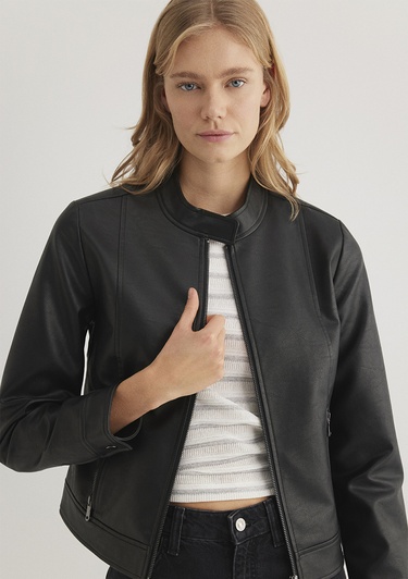  Mavi Dik Yaka Siyah Suni Deri Ceket Fitted / Vücuda Oturan Kesim 1110598-900