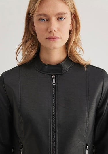  Mavi Dik Yaka Siyah Suni Deri Ceket Fitted / Vücuda Oturan Kesim 1110598-900