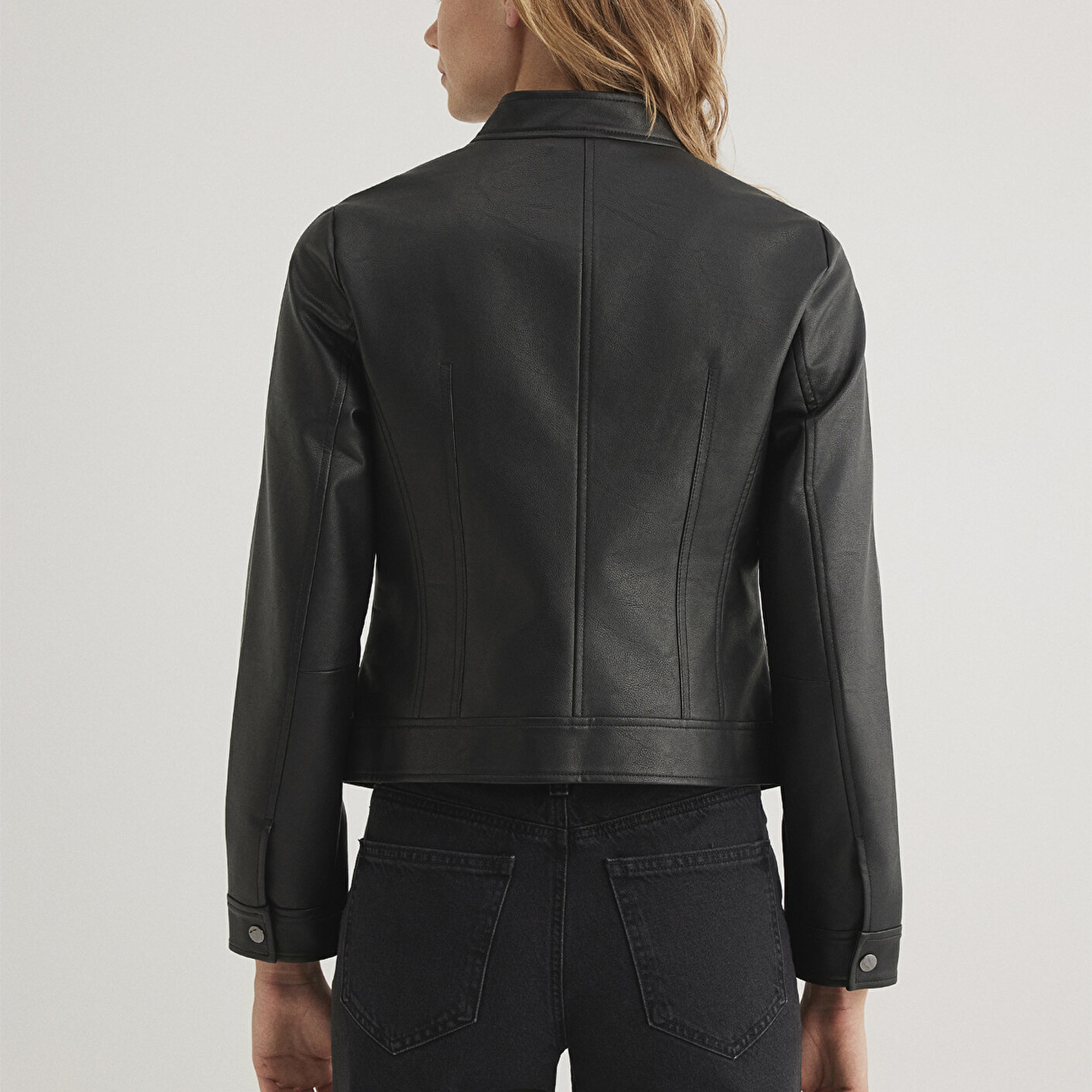 Mavi Dik Yaka Siyah Suni Deri Ceket Fitted / Vücuda Oturan Kesim 1110598-900