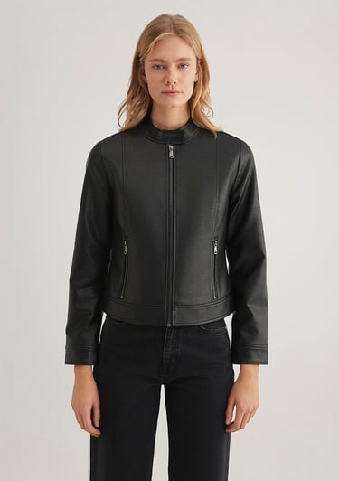  Mavi Dik Yaka Siyah Suni Deri Ceket Fitted / Vücuda Oturan Kesim 1110598-900