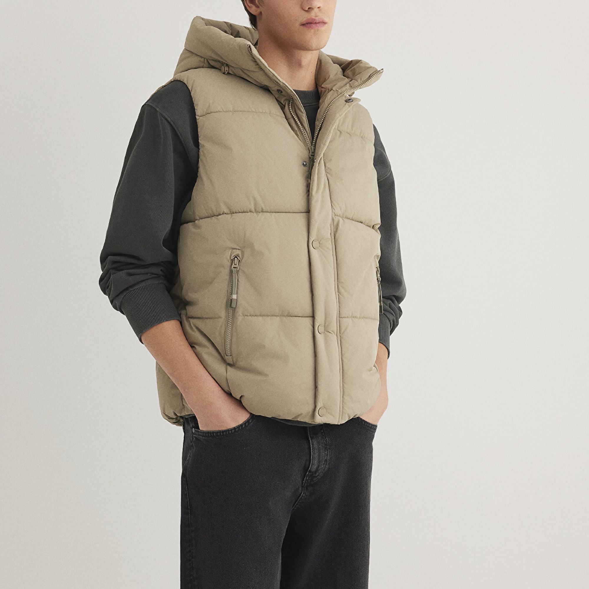 Mavi Kapüşonlu Bej Şişme Yelek Regular Fit / Normal Kesim 0110306-86749