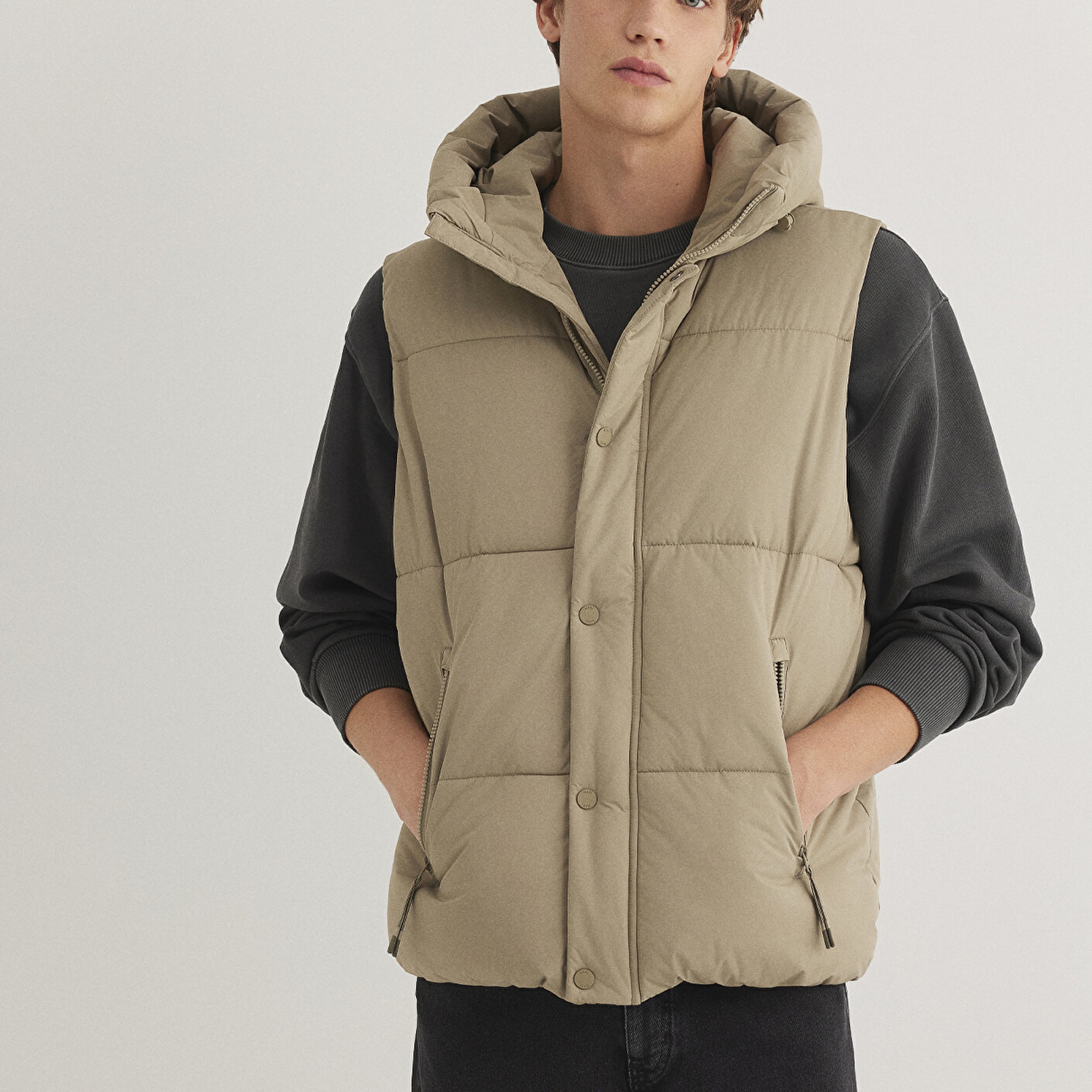 Mavi Kapüşonlu Bej Şişme Yelek Regular Fit / Normal Kesim 0110306-86749