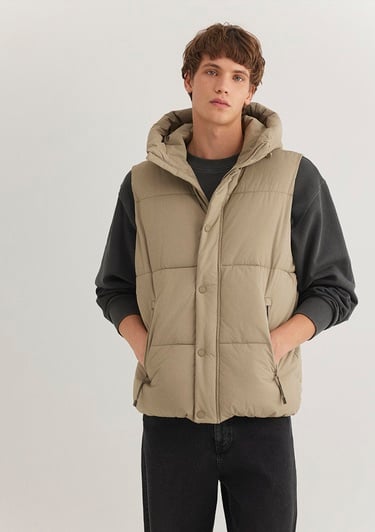  Mavi Kapüşonlu Bej Şişme Yelek Regular Fit / Normal Kesim 0110306-86749