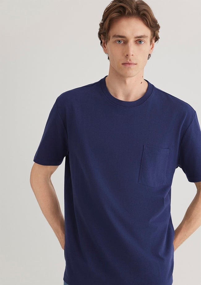  Mavi Cep Detaylı Lacivert Basic Tişört Loose Fit / Bol Rahat Kesim 066248-84371