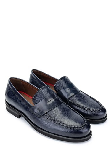  Tamer Tanca Erkek Hakiki Deri Lacivert Loafer Ayakkabı