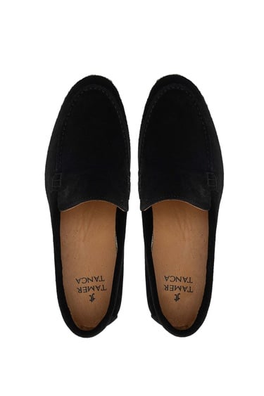  Tamer Tanca Erkek Hakiki Deri Siyah Süet Loafer Ayakkabı