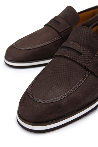  Tamer Tanca Erkek Hakiki Deri Kahverengi Nubuk Loafer Ayakkabı