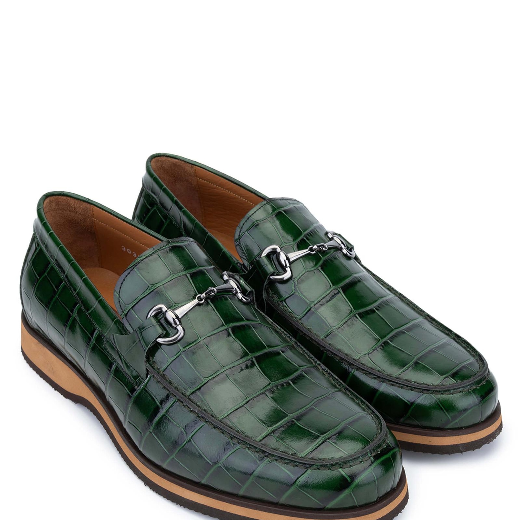 Tamer Tanca Erkek Hakiki Deri Yeşil Kroko Loafer Ayakkabı