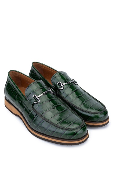  Tamer Tanca Erkek Hakiki Deri Yeşil Kroko Loafer Ayakkabı