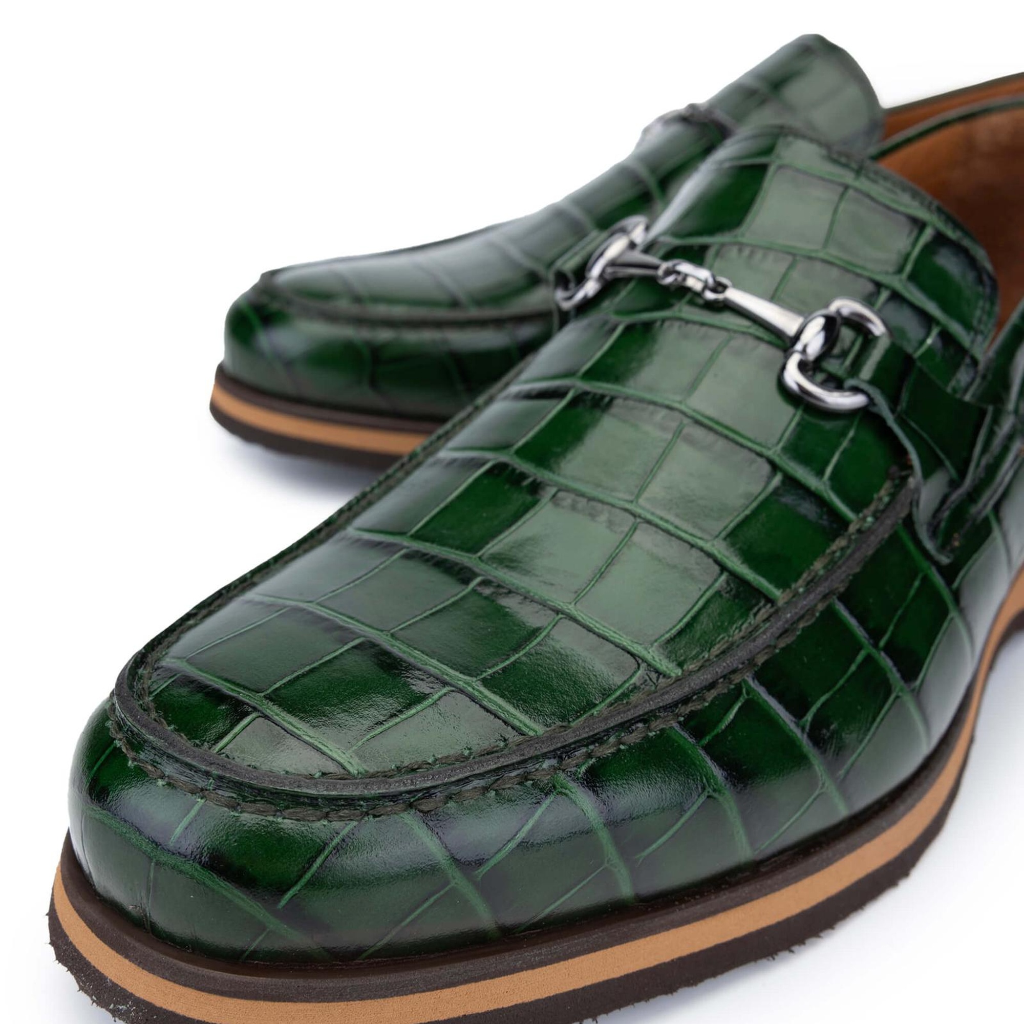 Tamer Tanca Erkek Hakiki Deri Yeşil Kroko Loafer Ayakkabı