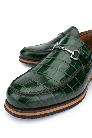  Tamer Tanca Erkek Hakiki Deri Yeşil Kroko Loafer Ayakkabı