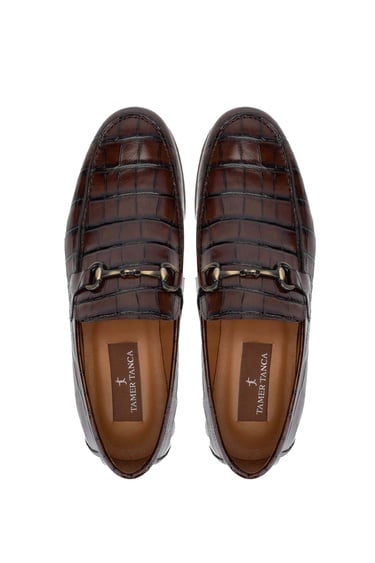 Tamer Tanca Erkek Hakiki Deri Kahverengi Kroko Loafer Ayakkabı