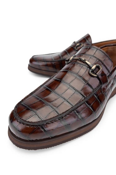  Tamer Tanca Erkek Hakiki Deri Kahverengi Kroko Loafer Ayakkabı
