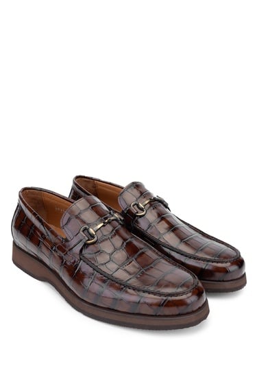  Tamer Tanca Erkek Hakiki Deri Kahverengi Kroko Loafer Ayakkabı