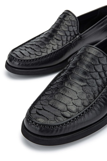  Tamer Tanca Erkek Hakiki Deri Siyah Yılan Loafer Ayakkabı
