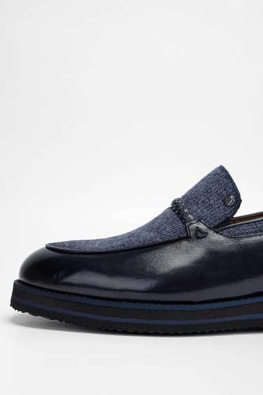  Tamer Tanca Erkek Hakiki Deri/Tekstil Lacivert Loafer Ayakkabı