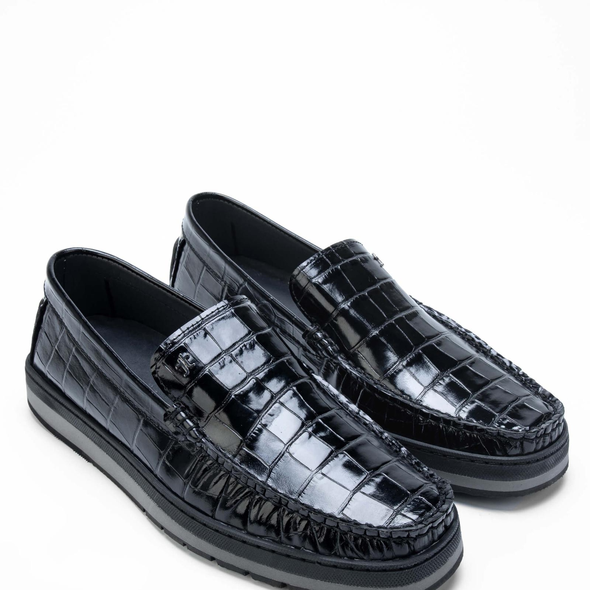 Tamer Tanca Erkek Hakiki Deri Siyah Kroko Loafer Ayakkabı