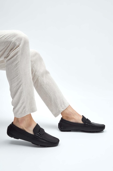  Tamer Tanca Erkek Hakiki Deri Siyah Floter Loafer Ayakkabı