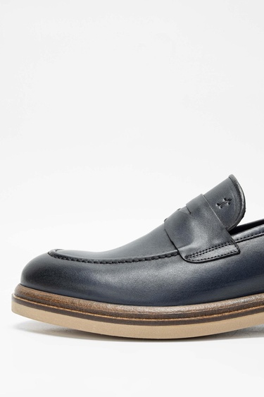 Tamer Tanca Erkek Hakiki Deri Lacivert Loafer Ayakkabı