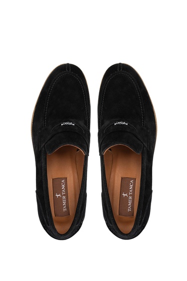  Tamer Tanca Erkek Hakiki Deri Siyah Süet Loafer Ayakkabı