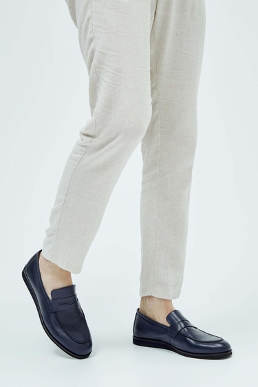  Tamer Tanca Erkek Hakiki Deri Lacivert Loafer Ayakkabı