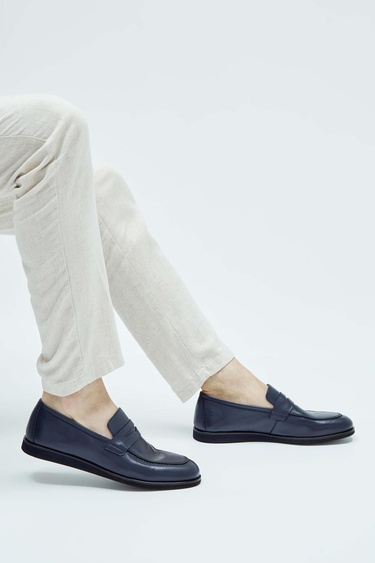  Tamer Tanca Erkek Hakiki Deri Lacivert Loafer Ayakkabı