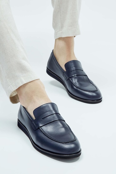  Tamer Tanca Erkek Hakiki Deri Lacivert Loafer Ayakkabı