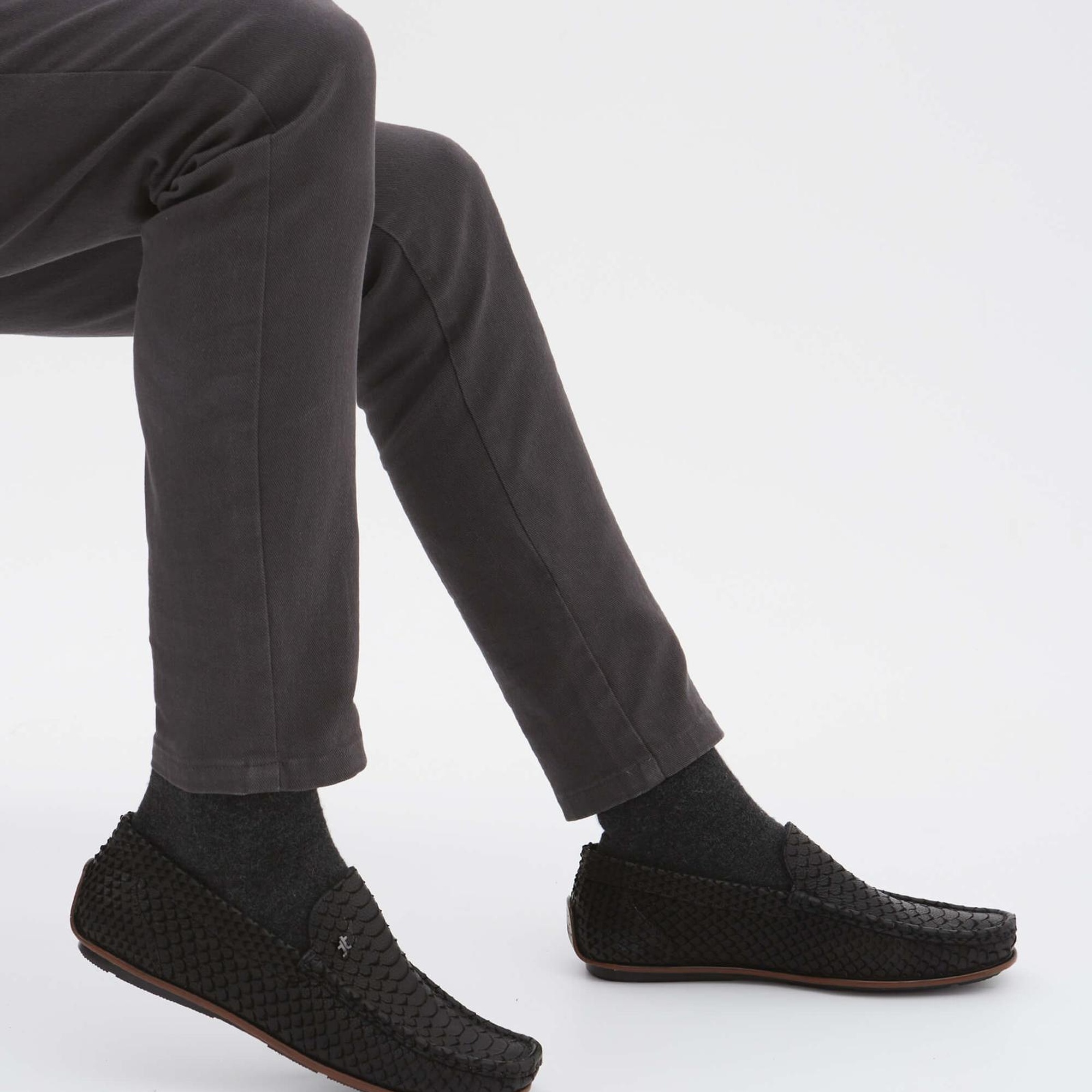 Tamer Tanca Erkek Hakiki Deri Siyah Yılan Desen Loafer Ayakkabı