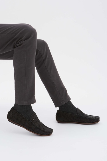  Tamer Tanca Erkek Hakiki Deri Siyah Yılan Desen Loafer Ayakkabı