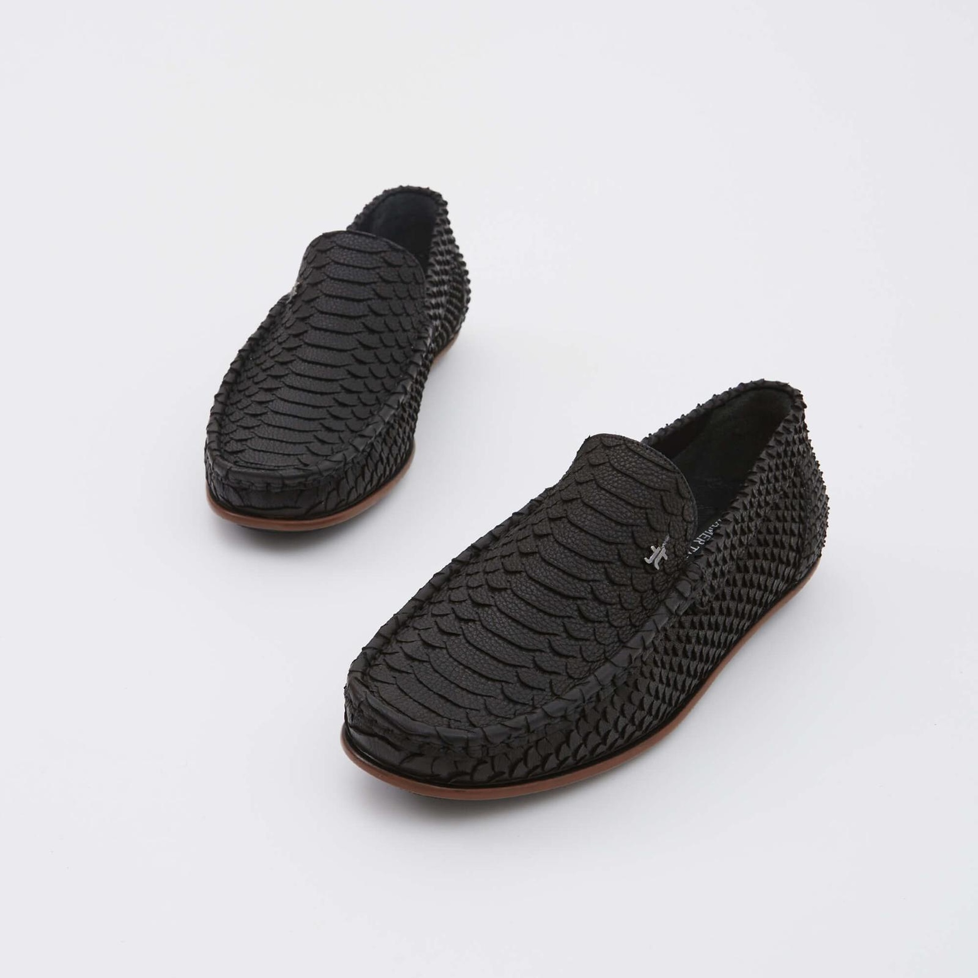 Tamer Tanca Erkek Hakiki Deri Siyah Yılan Desen Loafer Ayakkabı