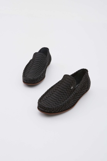  Tamer Tanca Erkek Hakiki Deri Siyah Yılan Desen Loafer Ayakkabı