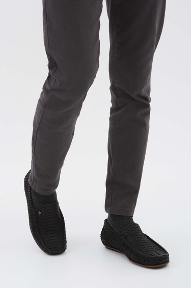  Tamer Tanca Erkek Hakiki Deri Siyah Yılan Desen Loafer Ayakkabı