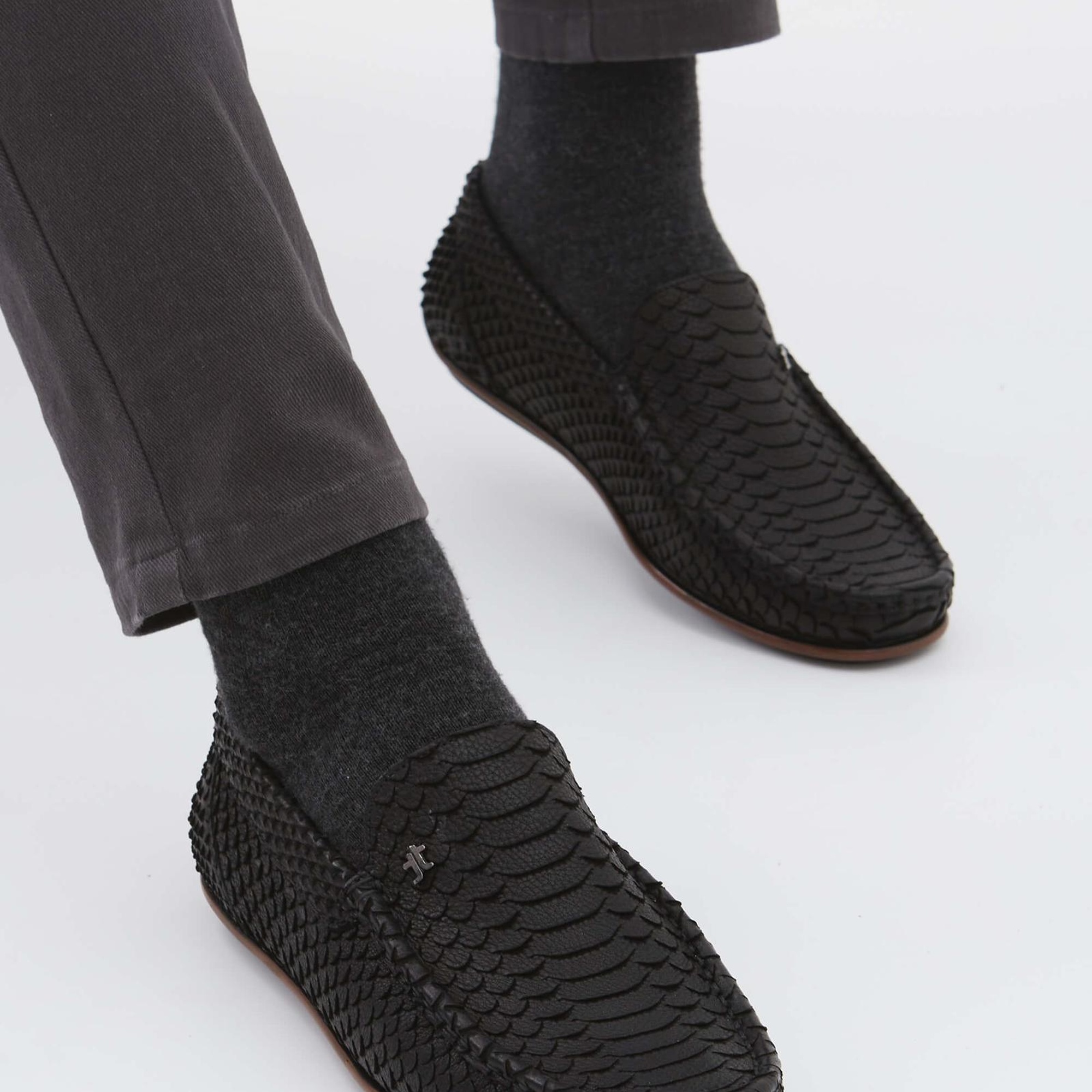 Tamer Tanca Erkek Hakiki Deri Siyah Yılan Desen Loafer Ayakkabı