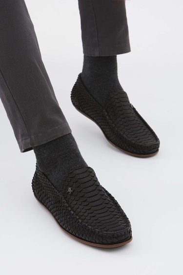  Tamer Tanca Erkek Hakiki Deri Siyah Yılan Desen Loafer Ayakkabı