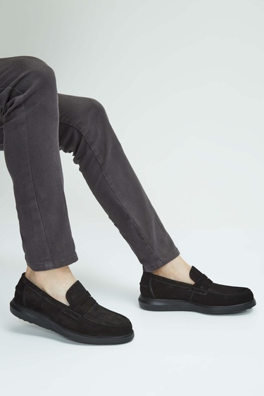  Tamer Tanca Erkek Hakiki Deri Siyah Süet Loafer Ayakkabı