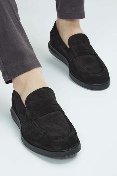  Tamer Tanca Erkek Hakiki Deri Siyah Süet Loafer Ayakkabı