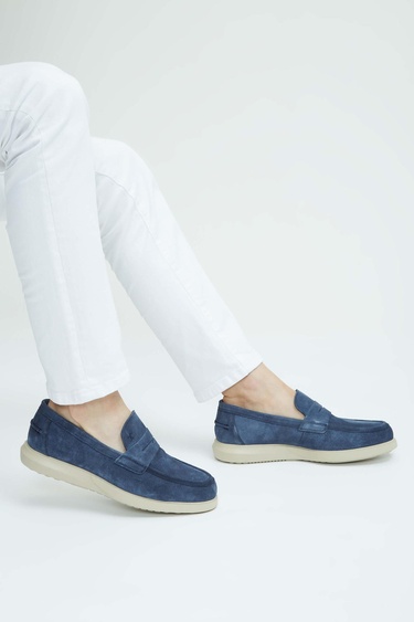  Tamer Tanca Erkek Hakiki Deri Lacivert Süet Loafer Ayakkabı