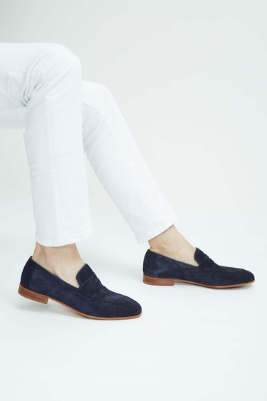  Tamer Tanca Erkek Hakiki Deri Lacivert Süet Loafer Ayakkabı