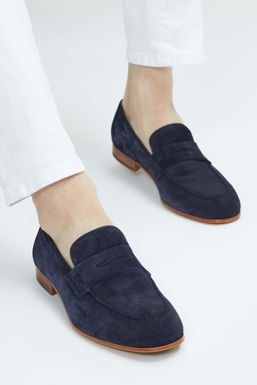  Tamer Tanca Erkek Hakiki Deri Lacivert Süet Loafer Ayakkabı